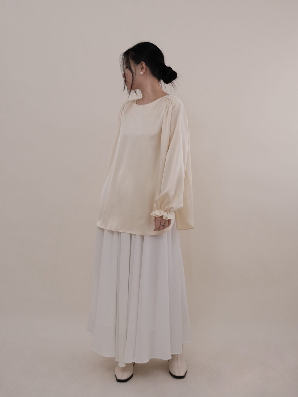 Satin Shoulder Pleat Blouse in Cream - Image 2