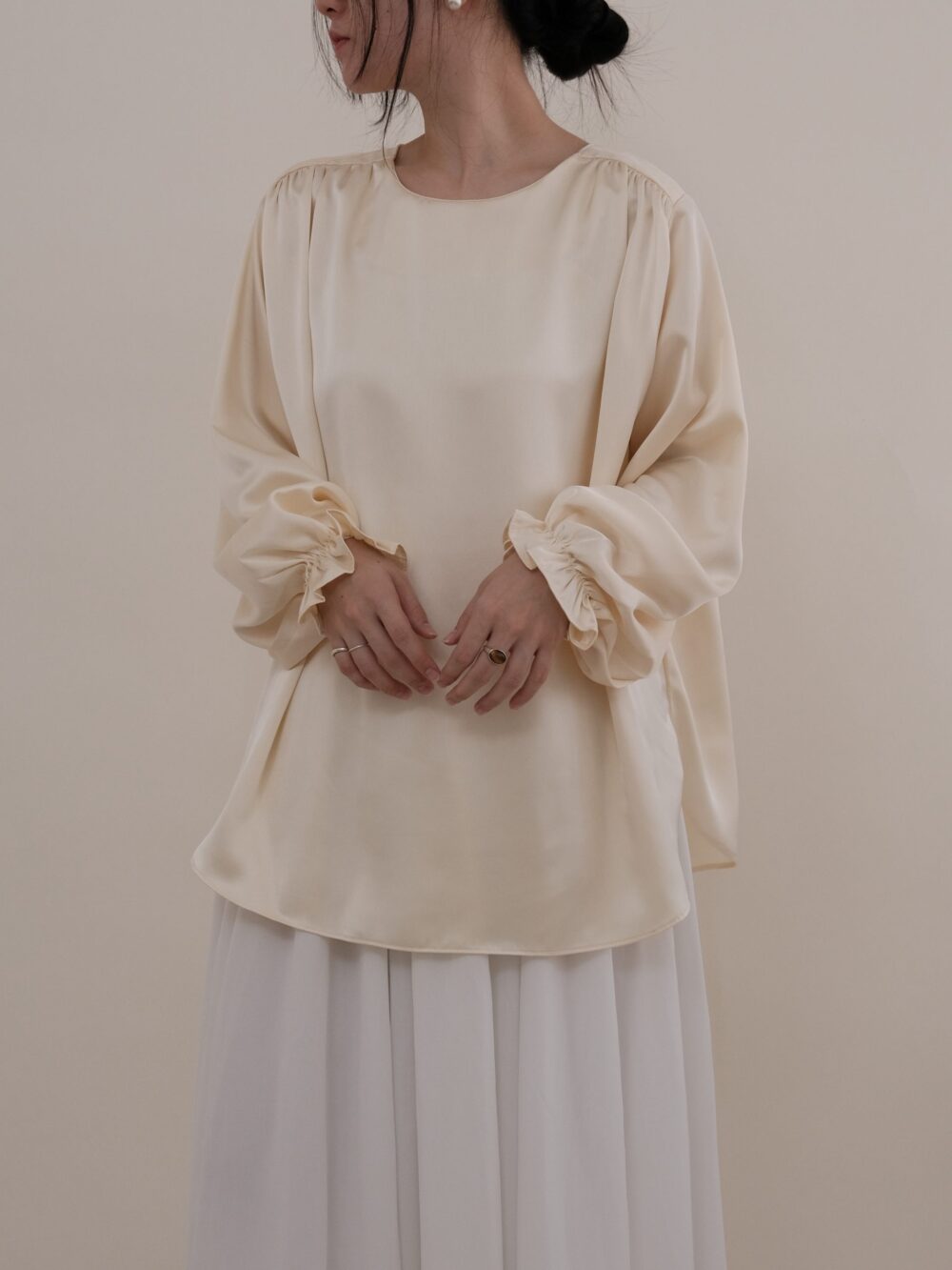 Satin Shoulder Pleat Blouse in Cream