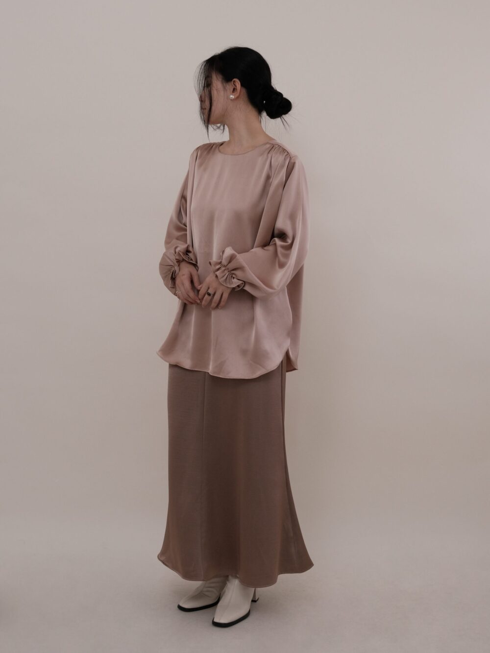 Satin Shoulder Pleat Blouse in Dusty Pink - Image 2