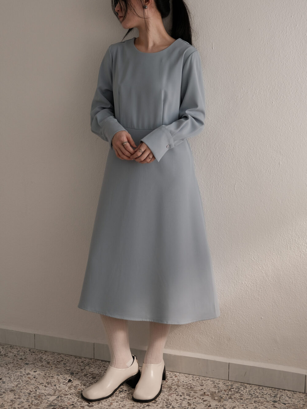 Round Neck Long Sleeve Dress in SeaSalt