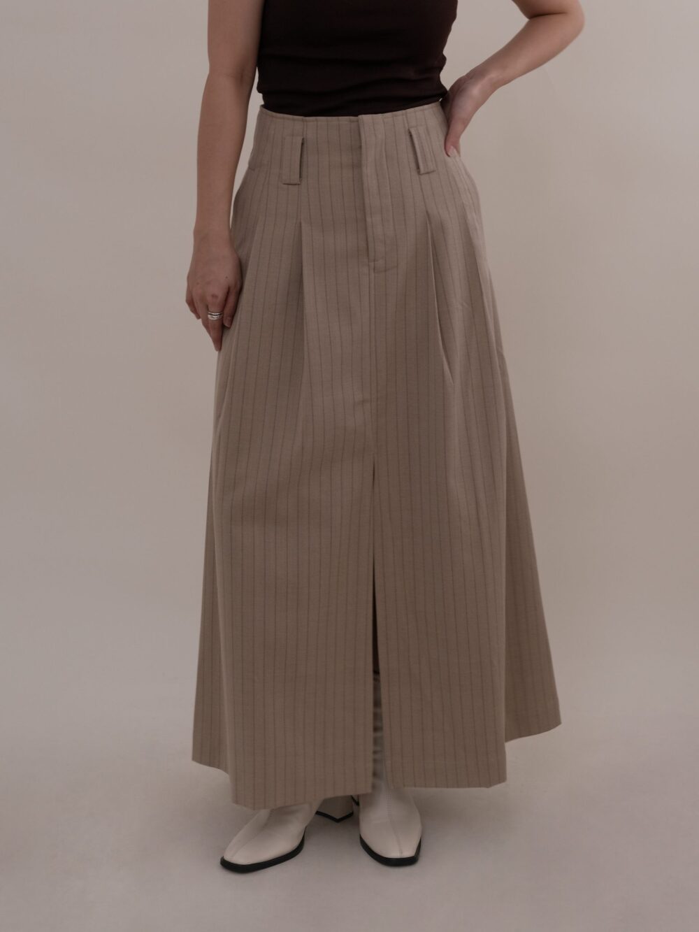 Pinstripe Slit Skirt in Light Khaki