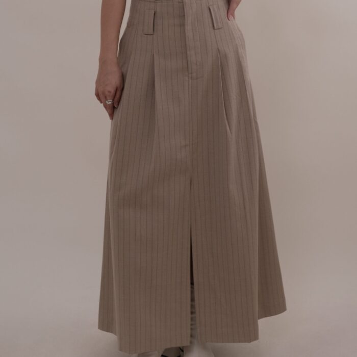 Pinstripe Slit Skirt in Light Khaki