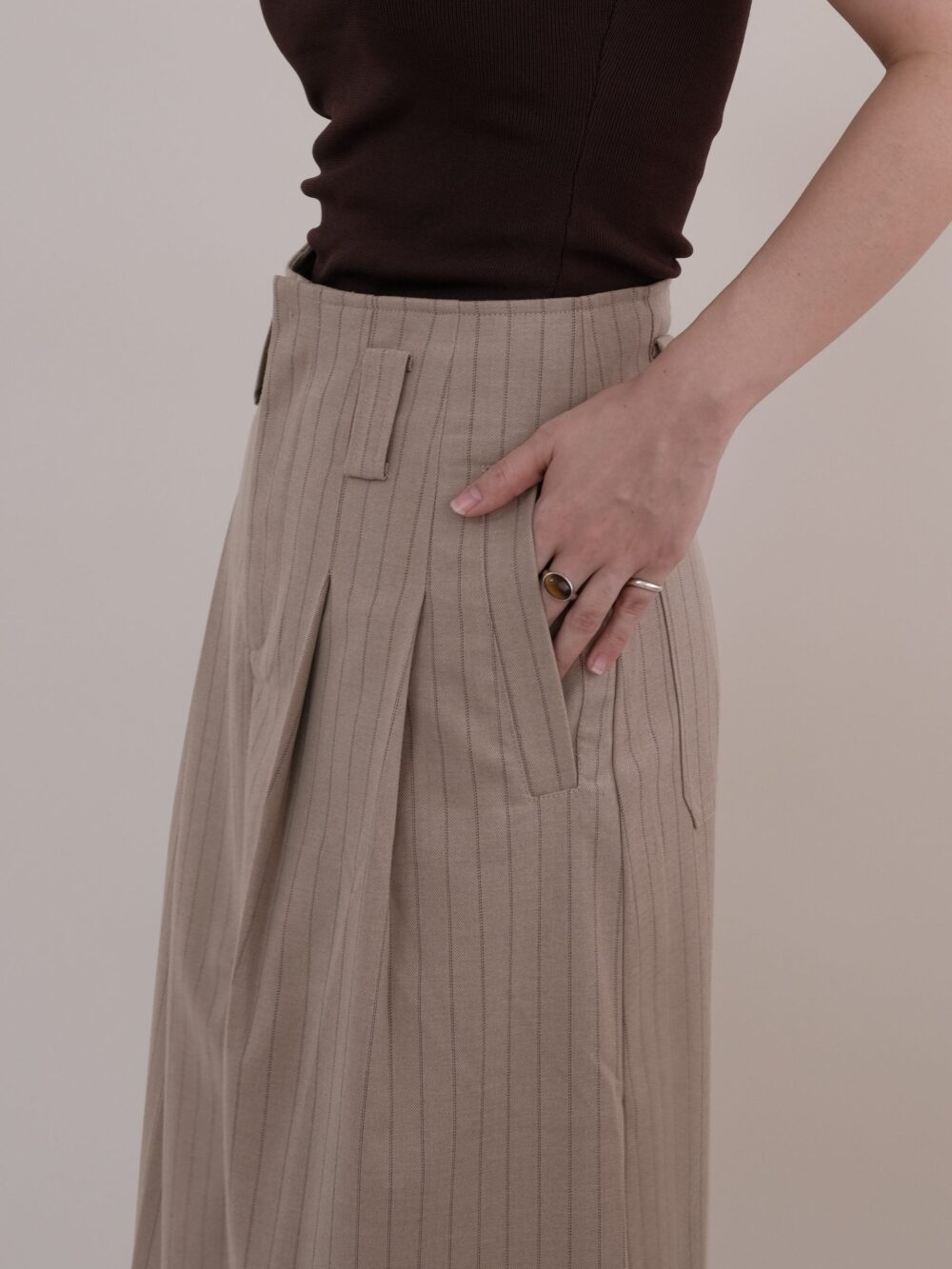Pinstripe Slit Skirt in Light Khaki - Image 3