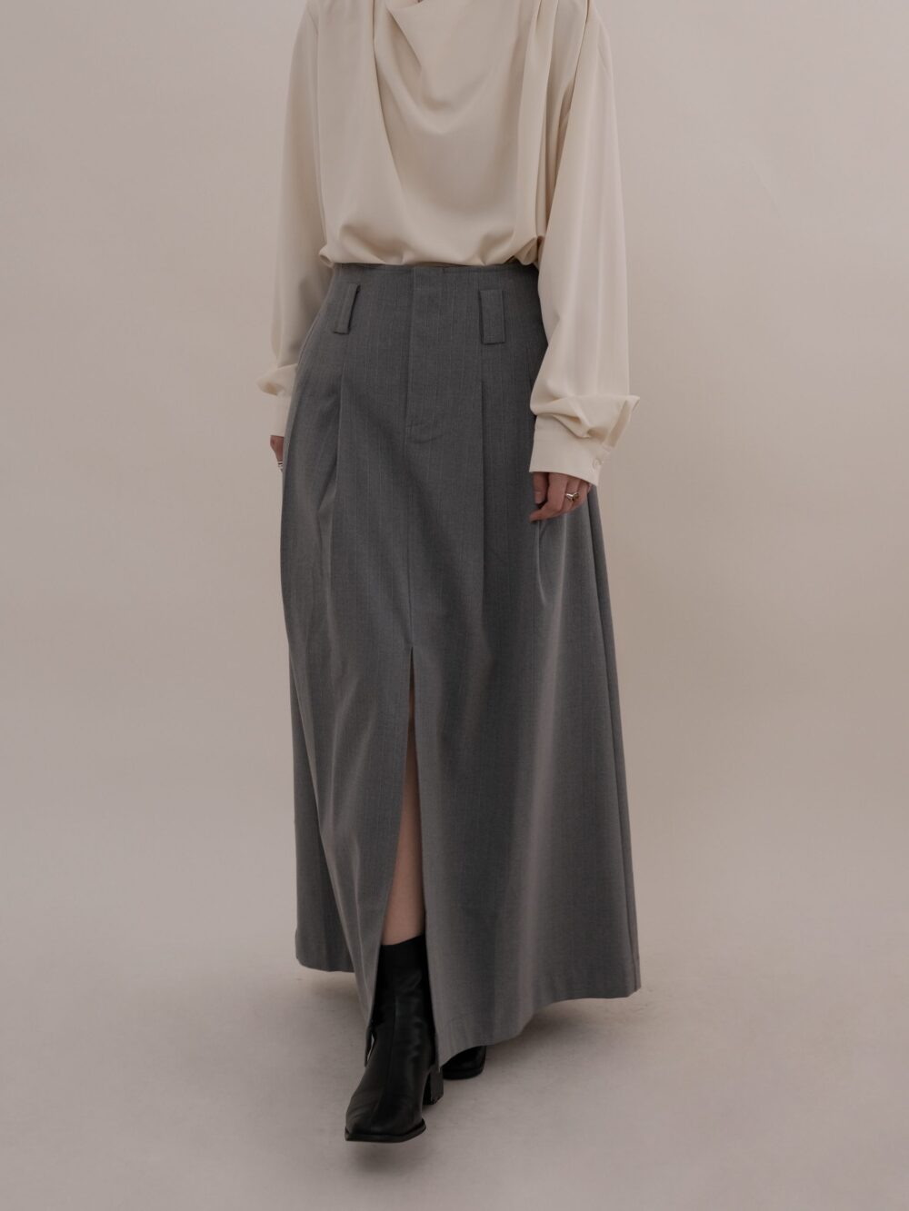 Pinstripe Slit Skirt in Carbon Grey
